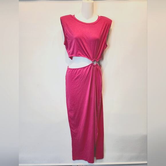 New Hot Pink Cutout Midriff Dress Sexy Bodycon Side Slit Women's Size M - Picture 1 of 8
